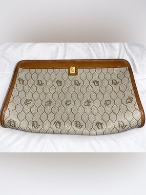Dior Beige Canvas Pouch with Brown Trim and Gold Accent
